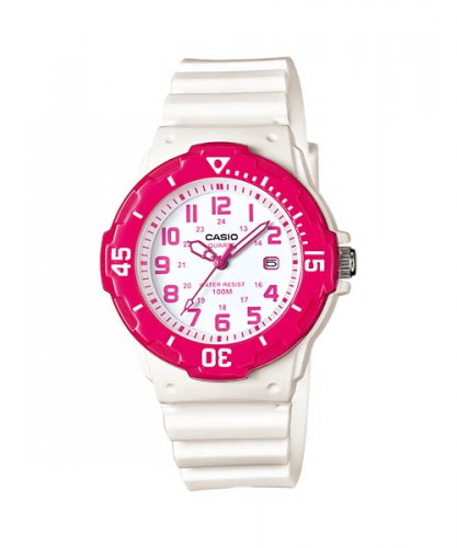 Пластиковые женские аналоговые часы CASIO LRW-200H-4BVEF с датой, глянцевые бело-розовые pink, арабские цифры, 100m.