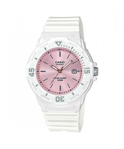 Глянцевые женские аналоговые часы CASIO LRW-200H-4E3VEF белые с розовым циферблатом, с датой, Neobrite, wr100m.