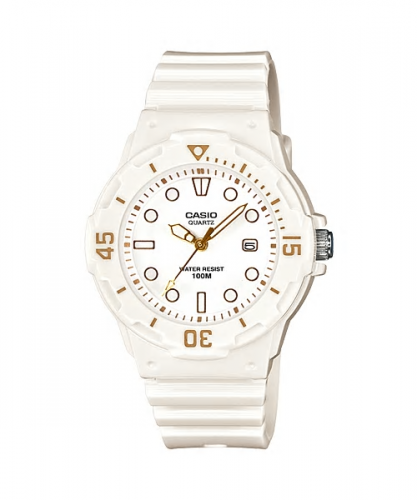 Глянцевые женские аналоговые часы CASIO LRW-200H-7E2VEF белые с акцентами gold на циферблате, с датой, Neobrite, wr100m.