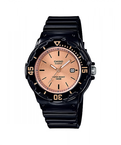 Глянцевые женские аналоговые часы CASIO LRW-200H-9E2VEF черные, циферблат rose gold, с датой, Neobrite, 100m, пластиковые.
