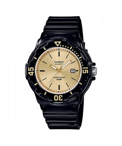 Глянцевые женские аналоговые часы CASIO LRW-200H-9EVEF черные с циферблатом gold, с датой, Neobrite, wr100m, пластиковые.