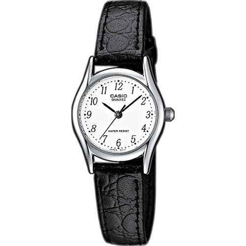 Классические женские аналоговые часы CASIO LTP-1154PE-7BEF белые на черном кожаном ремне, с арабскими цифрами, wr.