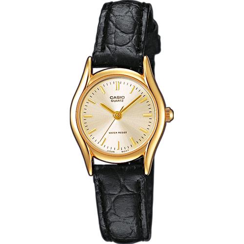 Классические женские аналоговые часы CASIO LTP-1154PQ-7AEF желтые gold на черном кожаном ремне, с индексами, wr.