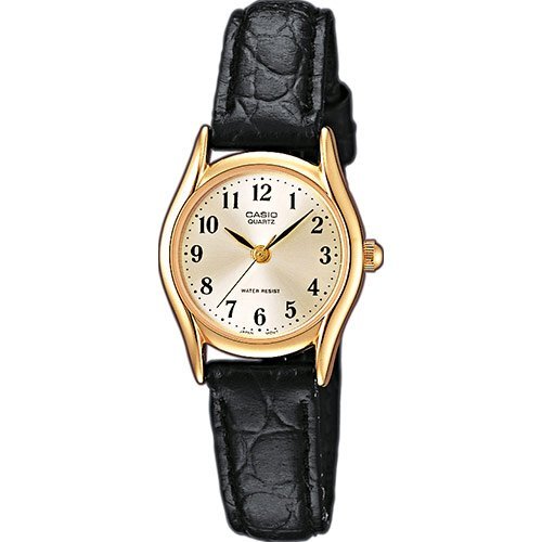 Классические женские аналоговые часы CASIO LTP-1154PQ-7B2EF желтые gold, черный кожаный ремень, с арабскими цифрами, wr.