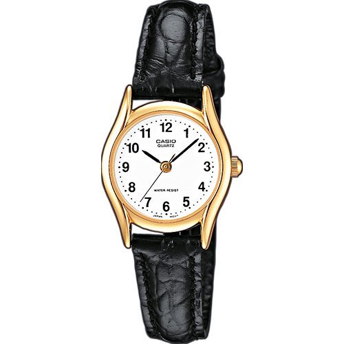 Классические женские аналоговые часы CASIO LTP-1154PQ-7BEF желтые gold, черный кожаный ремень, с арабскими цифрами, wr.