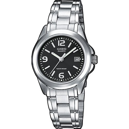 Классические женские наручные часы CASIO LTP-1259PD-1AEF с черным циферблатом на браслете, с датой, арабские цифры, Neobrite.