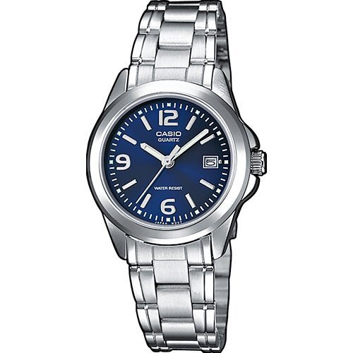 Классические женские наручные часы CASIO LTP-1259PD-2AEF с синим циферблатом на браслете, с датой, арабские цифры, Neobrite.
