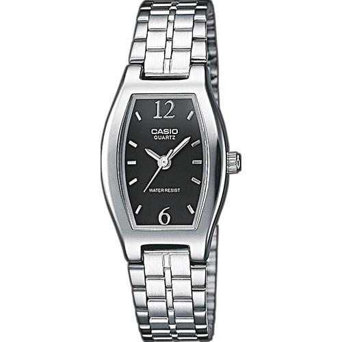 Женские часы в форме бочки CASIO LTP-1281D-1AEF с черным циферблатом на стальном браслете, водонепроницаемые.
