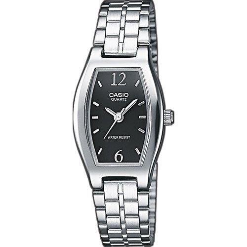 Женские бочкообразные часы CASIO LTP-1281PD-1AEF с черным циферблатом на стальном браслете, водонепроницаемые.