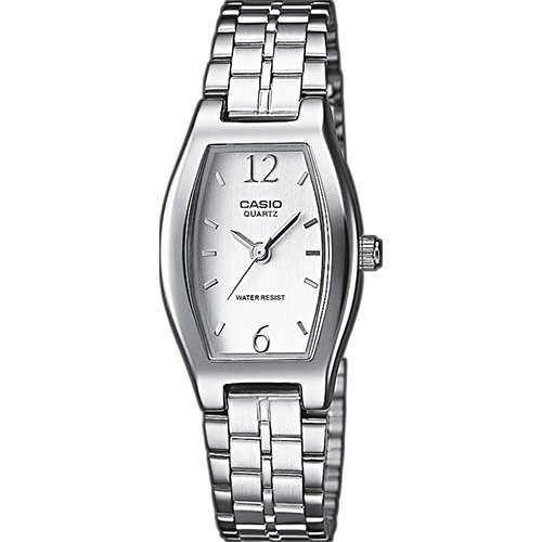 Женские бочкообразные часы CASIO LTP-1281PD-7AEF с белым циферблатом на стальном браслете, водонепроницаемые.