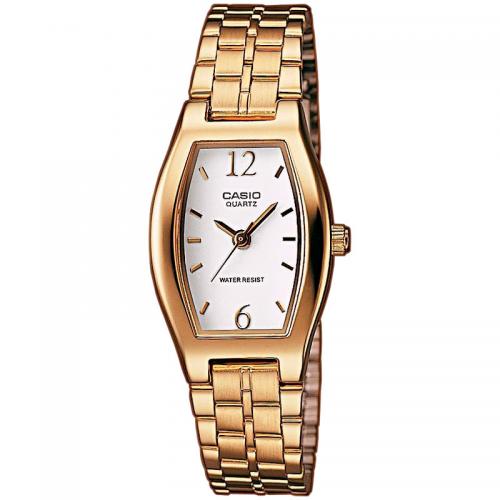 Позолоченные женские часы в форме бочки CASIO LTP-1281PG-7AEF на стальном браслете с белым циферблатом, водонепроницаемые.