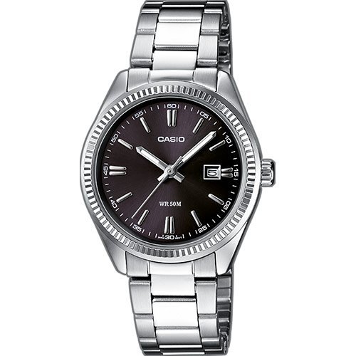 Классические аналоговые женские часы CASIO LTP-1302PD-1A1VEF черные на браслете, с датой, индексы, Neobrite, wr50m.