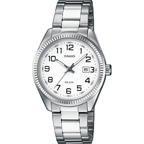 Классические аналоговые женские часы CASIO LTP-1302PD-7BVEF белые на браслете, с датой, арабские цифры, wr50m.