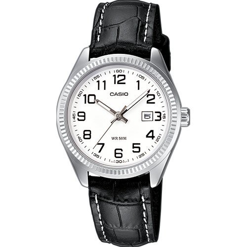 Классические аналоговые женские часы CASIO LTP-1302PL-7BVEF белые на кожаном ремешке, с датой, арабские цифры, wr50m.