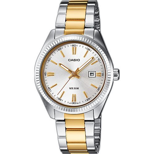Классические аналоговые женские часы CASIO LTP-1302PSG-7AVEF серебристые IP gold на браслете, с датой, Neobrite, wr50m.