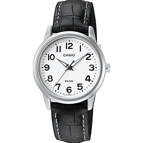 Классические аналоговые женские часы CASIO LTP-1303PL-7BVEF белые на кожаном ремешке, арабские цифры, Neobrite, wr50m.