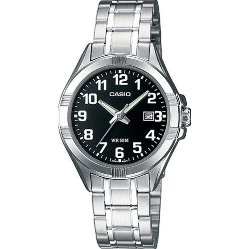 Классические аналоговые женские часы CASIO LTP-1308PD-1BVEF черные с датой, арабские цифры, браслет, Neobrite, wr50m.