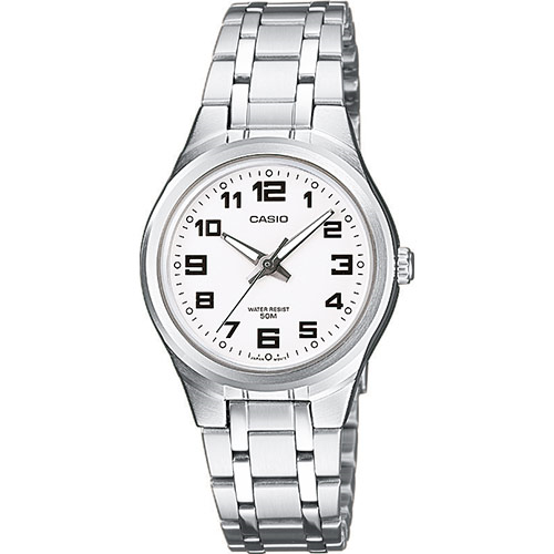 Классические аналоговые женские часы CASIO LTP-1310PD-7BVEF белые на стальном браслете, арабские цифры, Neobrite, wr50m.