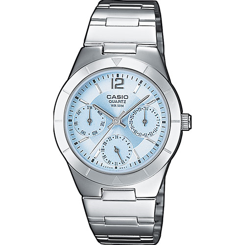 Женские стальные фэшн часы CASIO LTP-2069D-2AVEF голубые на браслете, с датой и днем недели, аналоговые, wr 50m.