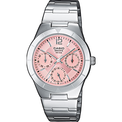 Женские стальные фэшн часы CASIO LTP-2069D-4AVEF розовые на браслете, с датой и днем недели, аналоговые, wr 50m.