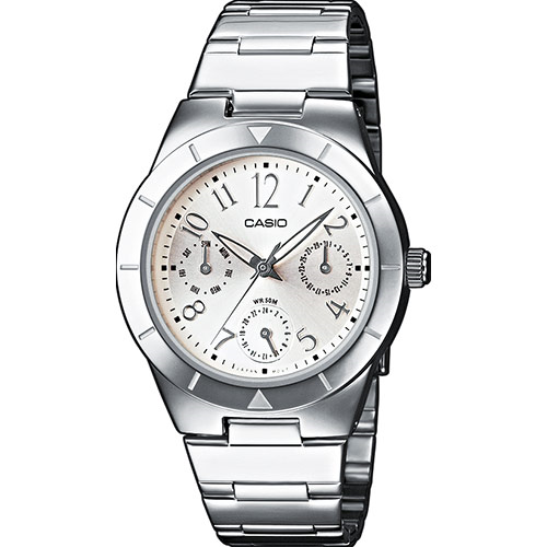Женские стальные фэшн часы CASIO LTP-2069D-7A2VEF серебристые на браслете, с датой и днем недели, аналоговые, wr 50m.