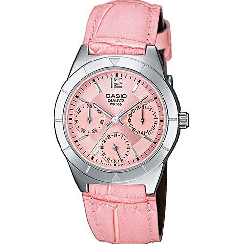 Женские стальные фэшн часы CASIO LTP-2069L-4AVEF розовые на кожаном ремне, с датой и днем недели, аналоговые, wr 50m.