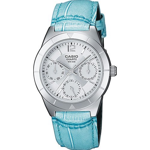 Женские стальные фэшн часы CASIO LTP-2069L-7A2VEF голубые на кожаном ремне, с датой и днем недели, аналоговые, wr 50m.