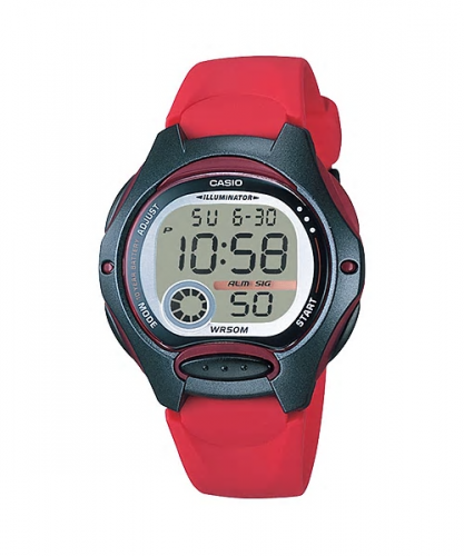 Детские пластиковые электронные часы CASIO LW-200-4AVEF черно-красные, 10 лет батарейка, секундомер, подсветка, wr50m.