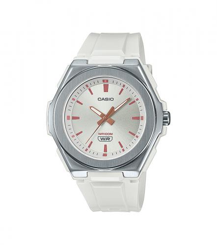 Пластиковые женские кэжуал часы CASIO LWA-300H-7EVEF белые на ремне со стальной накладкой на корпус, Neobrite, WR100M.