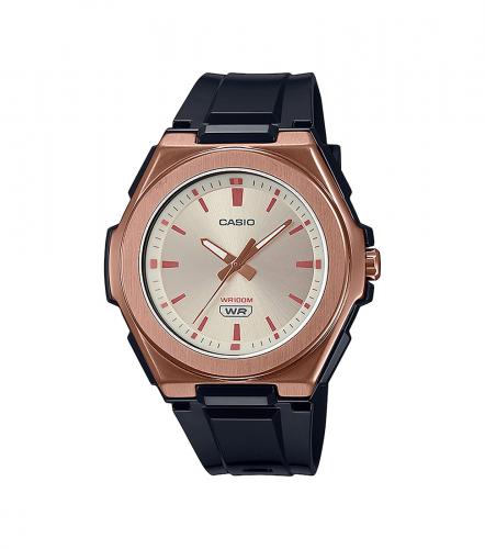 Пластиковые женские кэжуал часы CASIO LWA-300HRG-5EVEF черные со стальной накладкой IP rose gold, Neobrite, WR100M.