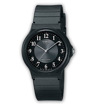 Пластиковые черные аналоговые ретро часы CASIO VINTAGE MQ-24-1B3LLEF с крупными белыми арабскими цифрами на циферблате.