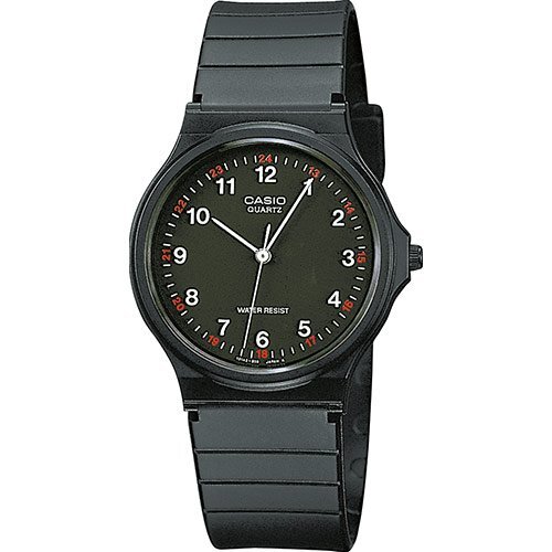 Пластиковые круглые ретро часы CASIO VINTAGE MQ-24-1BLLGF с белыми арабскими цифрами на черном циферблате, на ремне.