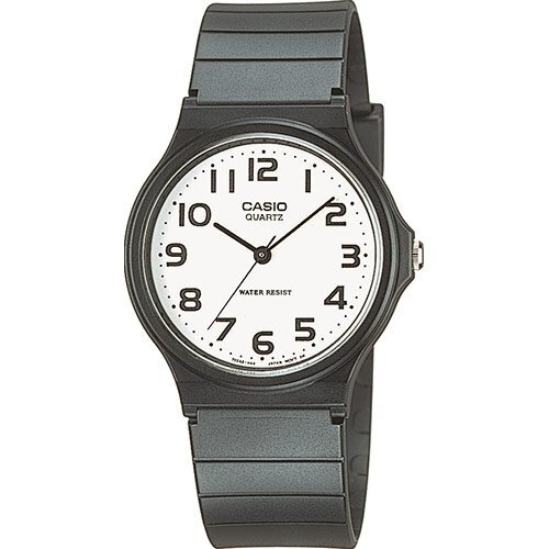 Пластиковые аналоговые черные ретро часы CASIO VINTAGE MQ-24-7B2LEF с крупными арабскими цифрами на белом циферблате. 
