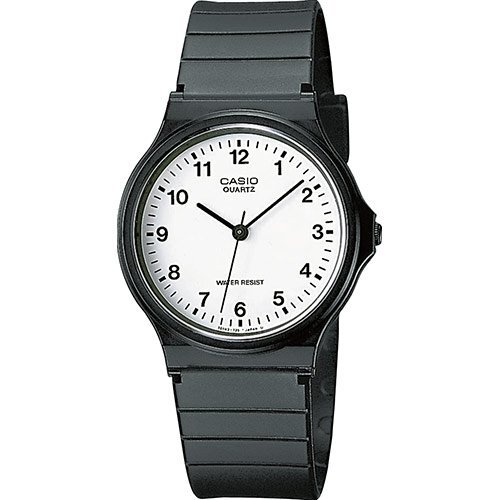 Пластиковые круглые аналоговые ретро часы CASIO VINTAGE MQ-24-7BLLGF с черными арабскими цифрами на белом циферблате.