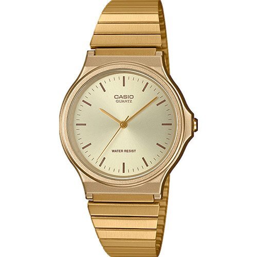 Позолоченные аналоговые винтажные часы CASIO VINTAGE MQ-24G-9EEF Gold в тонком пластиковом корпусе на стальном браслете.