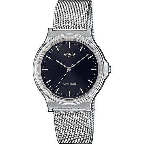 Серебристые винтажные аналоговые часы CASIO VINTAGE MQ-24M-1EEF на миланском браслете с регулируемым креплением.
