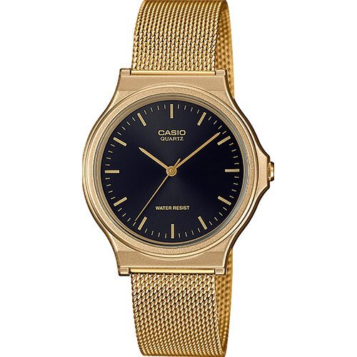 Позолоченные круглые винтажные часы CASIO VINTAGE MQ-24G-9EEF Gold с черным циферблатом на миланском браслете.