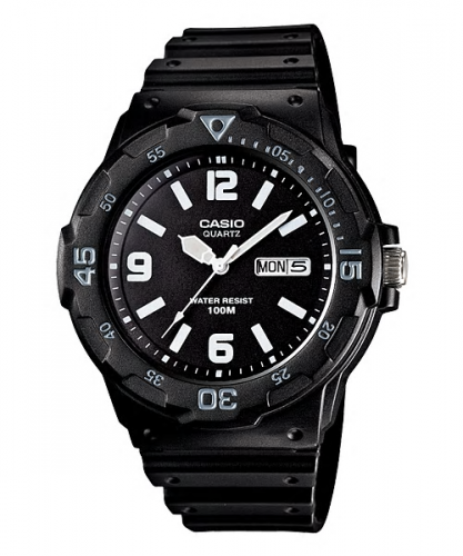 Пластиковые аналоговые часы CASIO MRW-200H-1B2VEF черные с датой и днем недели, светонакопители Neobrite, wr100m.