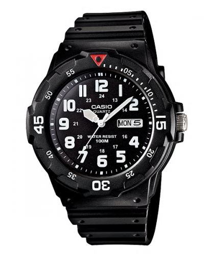 Пластиковые аналоговые часы CASIO MRW-200H-1BVEF черные с датой и днем недели, с арабскими цифрами, Neobrite, wr100m.