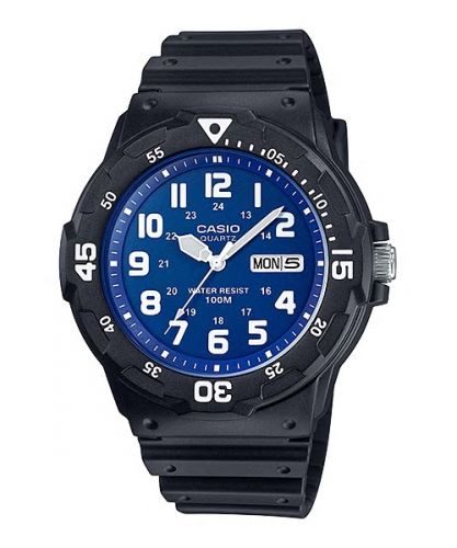 Пластиковые аналоговые часы CASIO MRW-200H-2B2VEF черно-синие, арабские цифры, с датой и днем недели, Neobrite, wr100m.