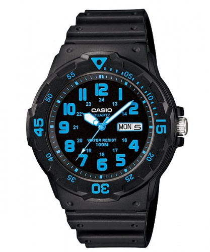 Пластиковые аналоговые часы CASIO MRW-200H-2BVEF черные, дата и день недели, с синими арабскими цифрами, Neobrite, 100m.