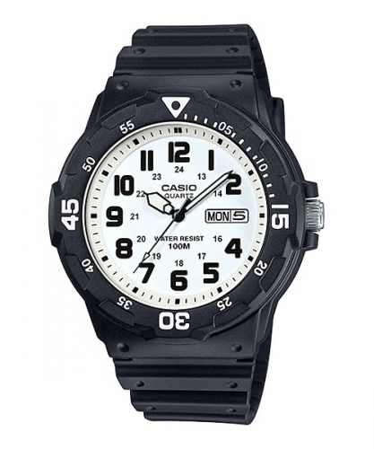 Пластиковые аналоговые часы CASIO MRW-200H-7BVEF черно-белые, арабские цифры, с датой и днем недели, Neobrite, wr100m.
