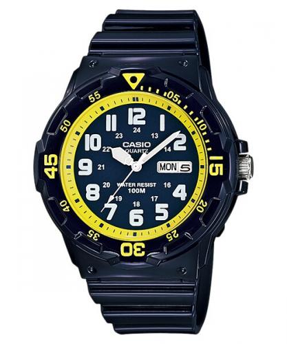 Пластиковые аналоговые часы CASIO MRW-200HC-2BVEF сине-желтые, арабские цифры, с датой и днем недели, Neobrite, wr100m.