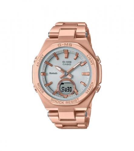 Женские тонкие ударопрочные часы CASIO BABY-G MSG-B100DG-4AER G-MS Octagon Rose Gold на браслете, Bluetooth, Solar, Ana-Digi.