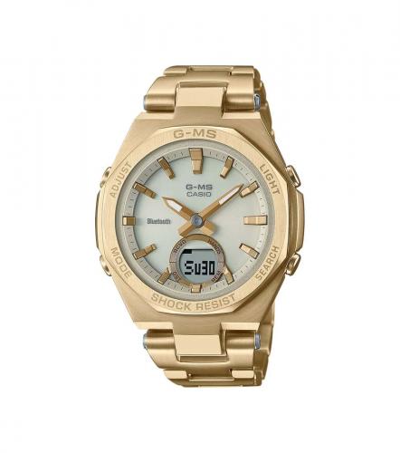 Женские ударопрочные slim часы CASIO BABY-G MSG-B100DG-9AER G-MS Octagon Gold на браслете, Bluetooth, Solar, Ana-Digi, 100m.