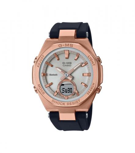 Женские тонкие ударопрочные часы CASIO BABY-G MSG-B100G-1AER G-MS Octagon Rose Gold на ремне, BLE, Solar, Ana-Digi, wr100m.