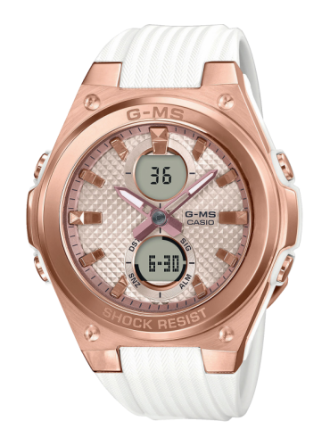 Изысканные женские ударопрочные часы CASIO BABY-G MSG-C100G-7AER G-MS White & Rose Gold стальная накладка, Ana-Digi, 100m.