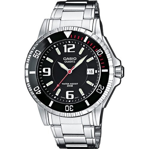 Стальные аналоговые дайверские часы CASIO MTD-1053D-1AVES черный циферблат, на браслете, с вращающимся безелем, wr200m.