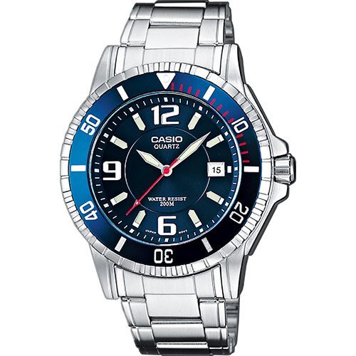 Стальные аналоговые дайверские часы CASIO MTD-1053D-2AVES синий циферблат, на браслете, с вращающимся безелем, wr200m.
