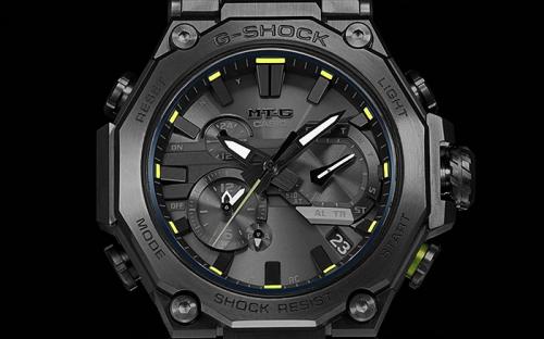Чорный циферблат часов G-SHOCK MTG-B2000SKZ-1AER «Sankuanz» украшен яркими неоновыми акцентами зеленого цвета.
